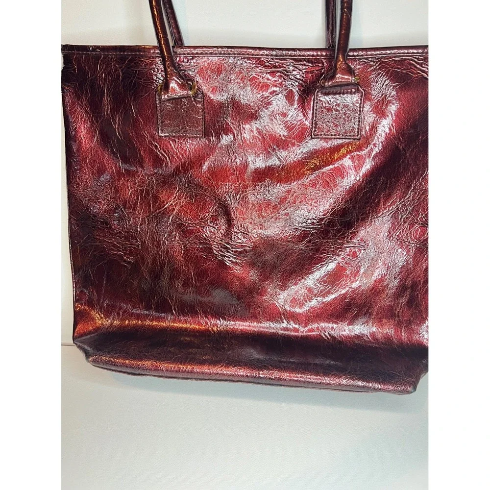 Vintage Estee Lauder Burgundy Patent Leather Tote Bag Crinkled Dark Copper